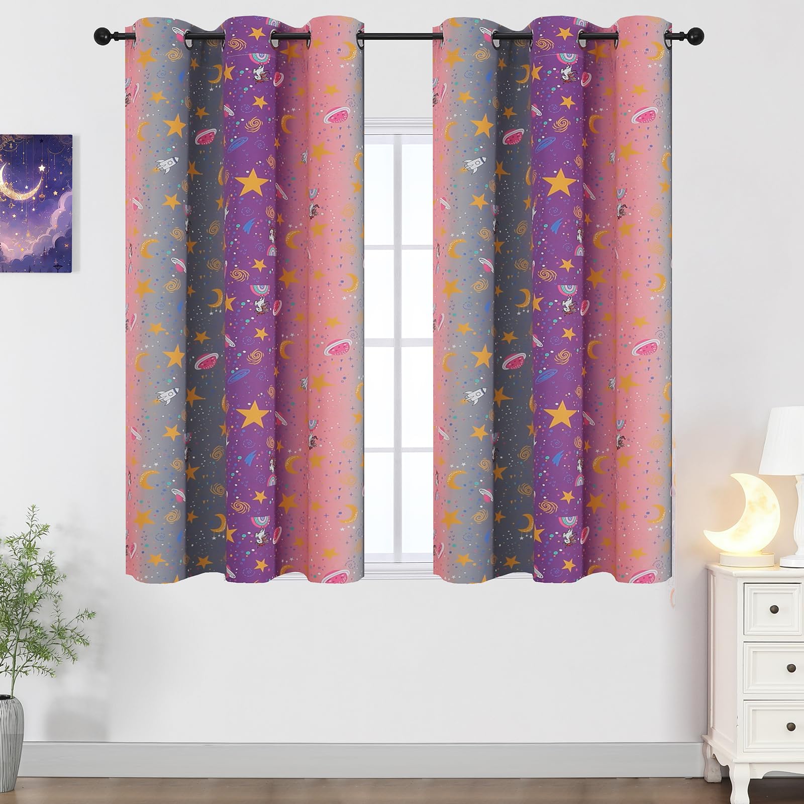 Pink Purple Grey Rainbow Blackout Curtains for Girls Bedroom 54 inches Long