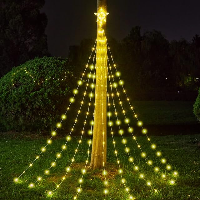 GHONLZIN Christmas Decorations Star Light, 9*6.56ft USB LED String Light with Star Topper for Xmas Tree Decoration, 8 Lighting Modes Fairy Light with Remote for Outdoor Indoor Decorations (Warm White)