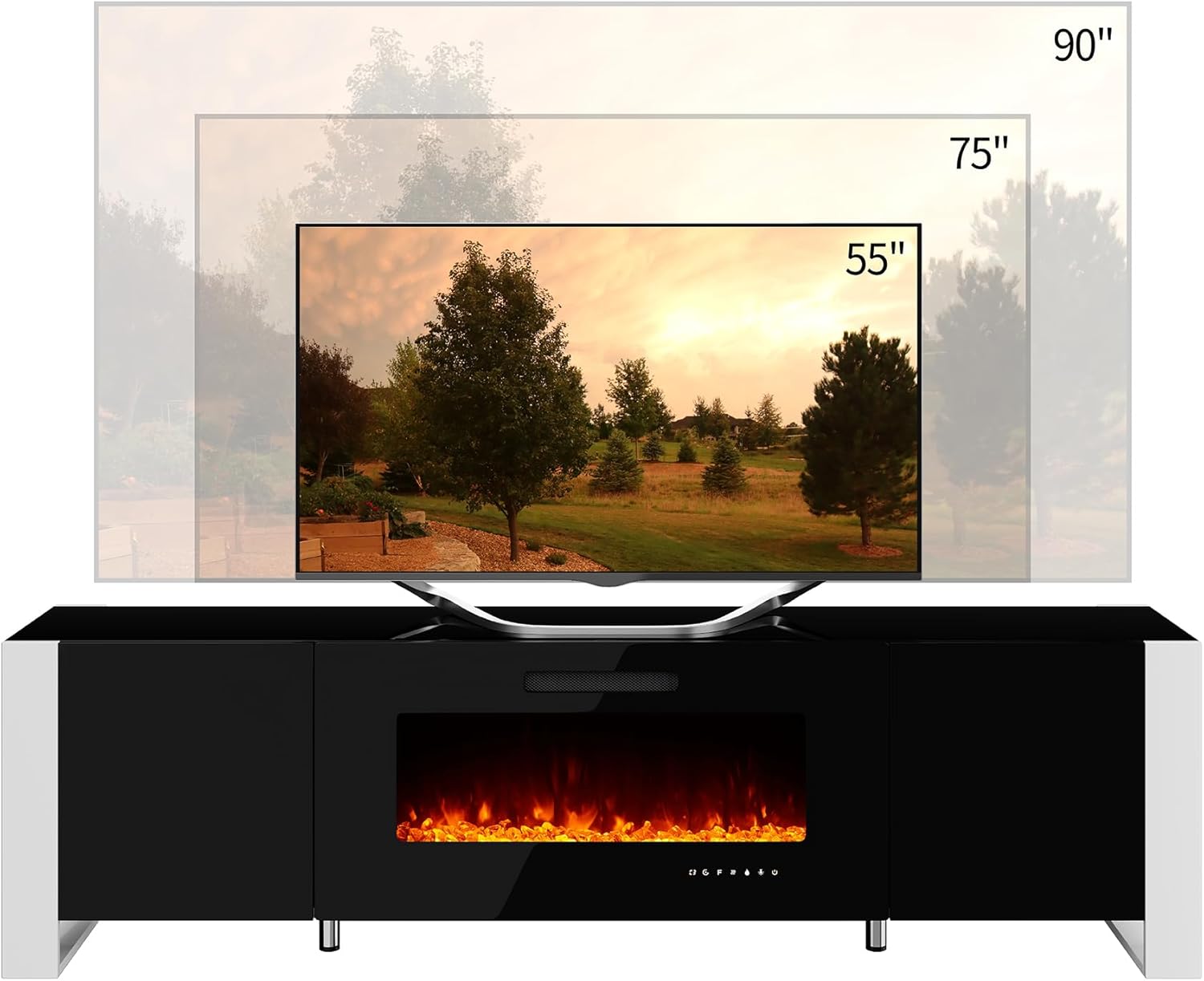 VanAcc 80" Fireplace TV Stand with 40" Electric Fireplace, High Gloss Entertainment Center with LED Lights, Modern Entertainment Stand for TVs up to 90", Black
