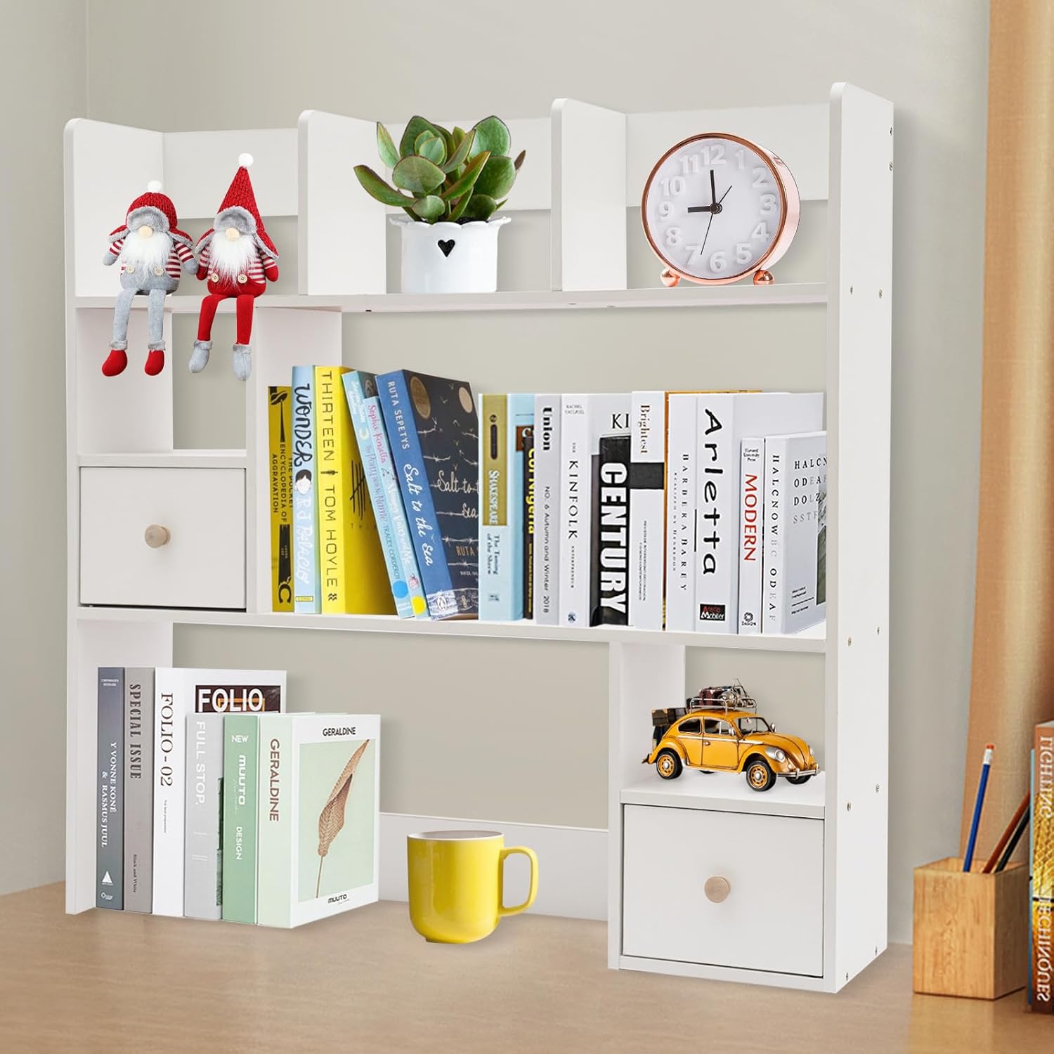 Desktop Bookshelf, Home Office Desk Organizer, Desktop Storage Organizer, Space Saving Tabletop Storage Rack, Ideal for Storing Books, Stationery & Files (White, 2 Drawers)