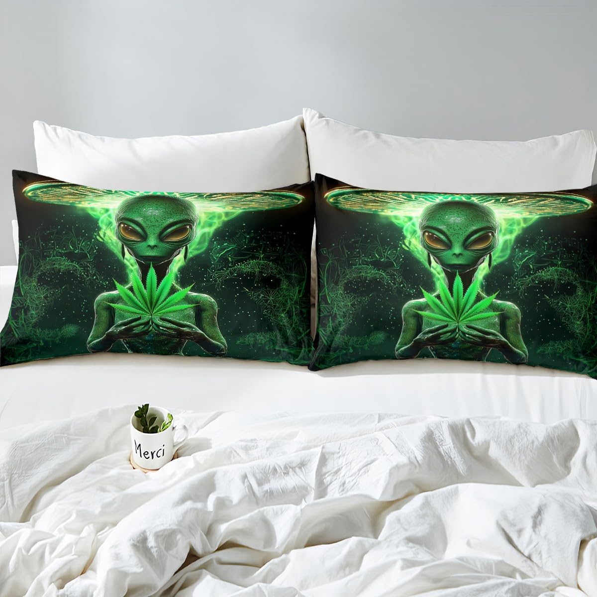 Erosebridal Trippy Alien Bedding Set Queen,Green Marijuana Duvet Cover Modern Psychedelic UFO Comforter Cover Abstract Geometric Quilt Cover for Kids Teens Boys Botanical Home Decorative,3Pcs