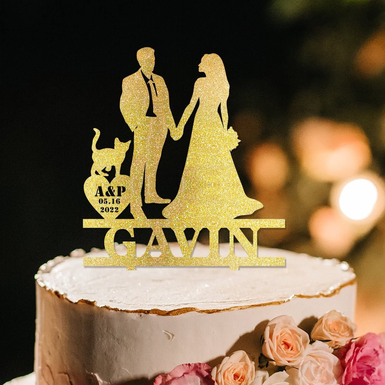 Buy Bride And Groom Silhouette Cake Topper For Wedding With Dog Gold