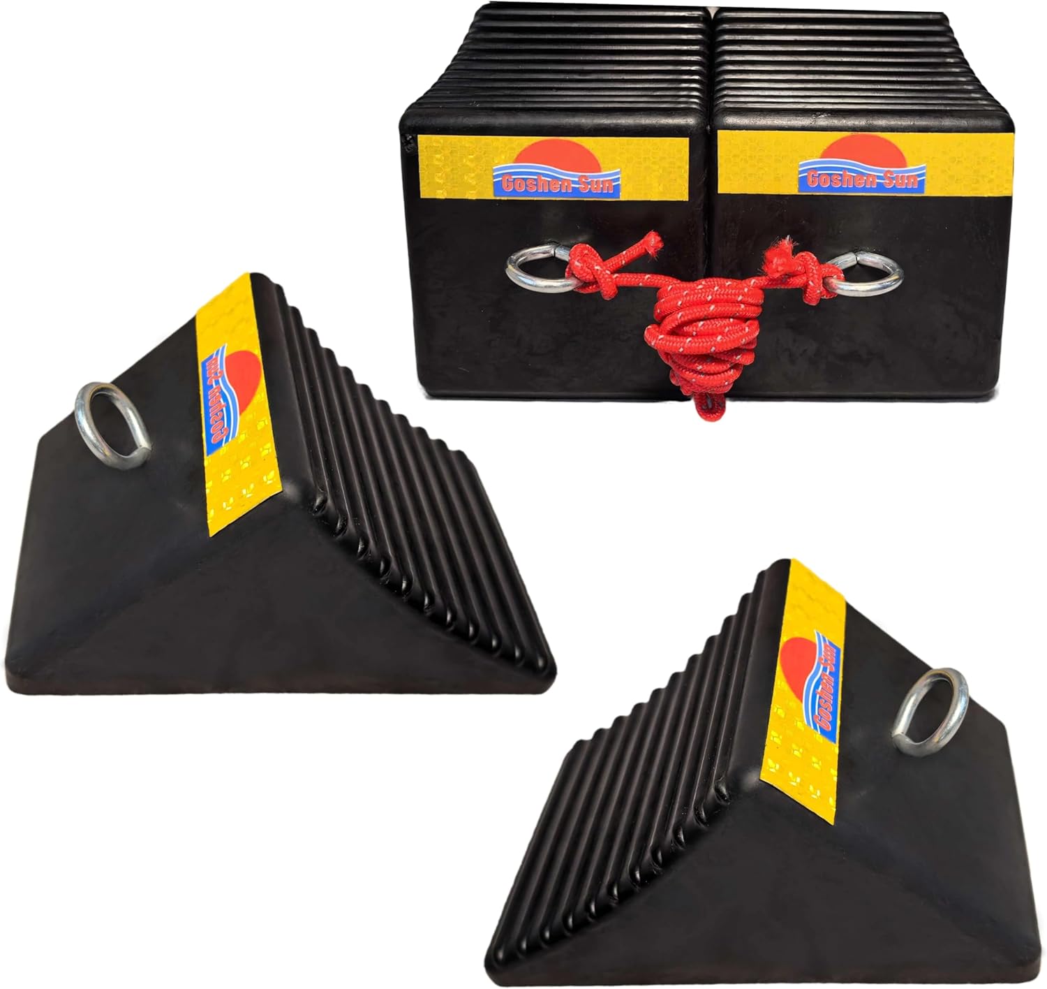 Goshen Sun- Heavy Duty Rubber Wheel Chocks with Reflective Strips - Set of 4 (7.8x5x4) /Wheel Wedge/Tire Stop Block/Curb Parking Stopper/Parking Aid,All-Weather, Non-Slip/Wear-Resistant,SUV