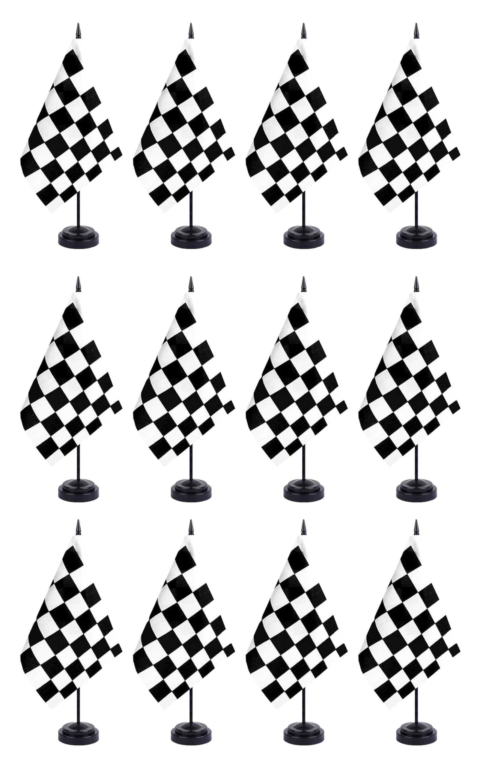 JBSJBS Black and White Checkered Desk Flag 12" Solid Pole Deluxe Set Racing Flags Banner Mini Small Checkered Office Table Flags with Black Stand Base