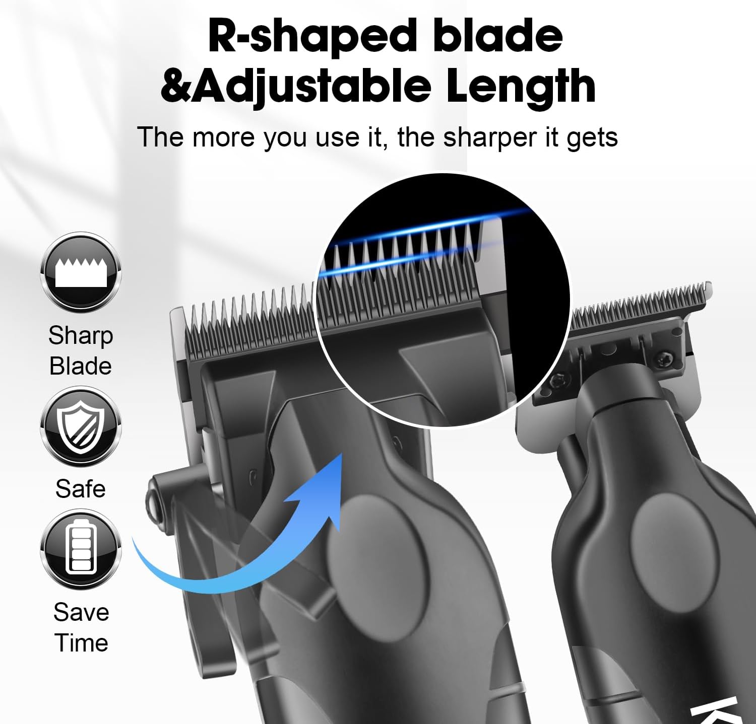 Close-up of KEMEI clipper blade showing R-shaped design and adjustable length feature
