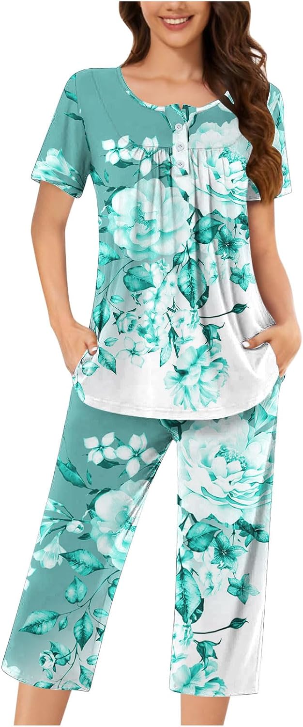 2 Piece Outfits for Women Floral Print Capri Pajama Set Button V Neck Short Sleeve Tops Crop Pants Pocket Loungewear