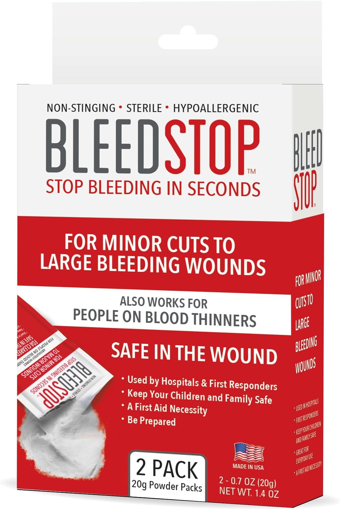 BleedStop™ First Aid Powder for Blood Clotting, Trauma Kit, Blood Thinner Patients, Camping Safety, and Survival Equipment for Moderate to Severe Bleeding Wounds or Nosebleeds - 2 (20g) Pouches