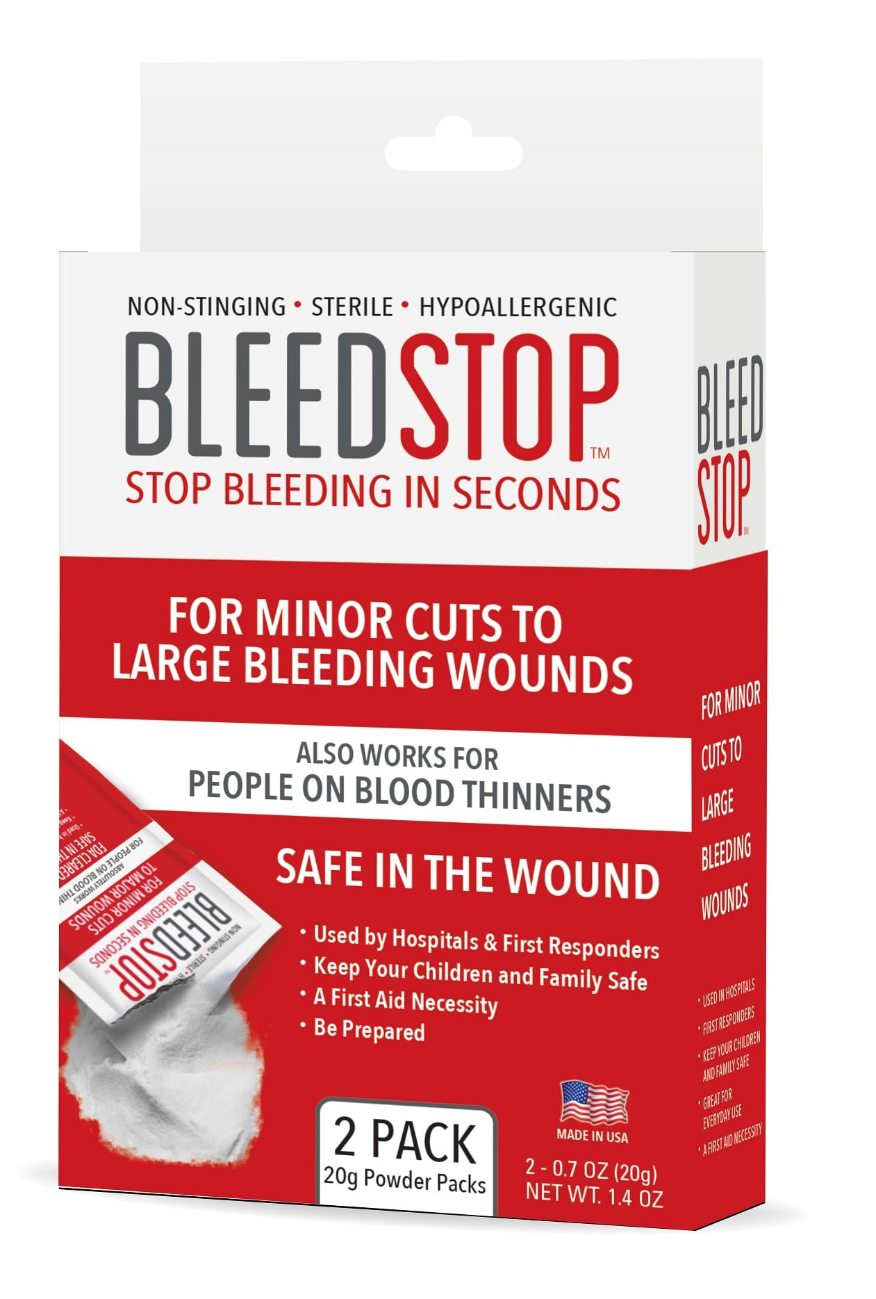 BleedStop™ First Aid Powder for Blood Clotting, Trauma Kit, Blood Thinner Patients, Camping Safety, and Survival Equipment for Moderate to Severe Bleeding Wounds or Nosebleeds - 2 (20g) Pouches