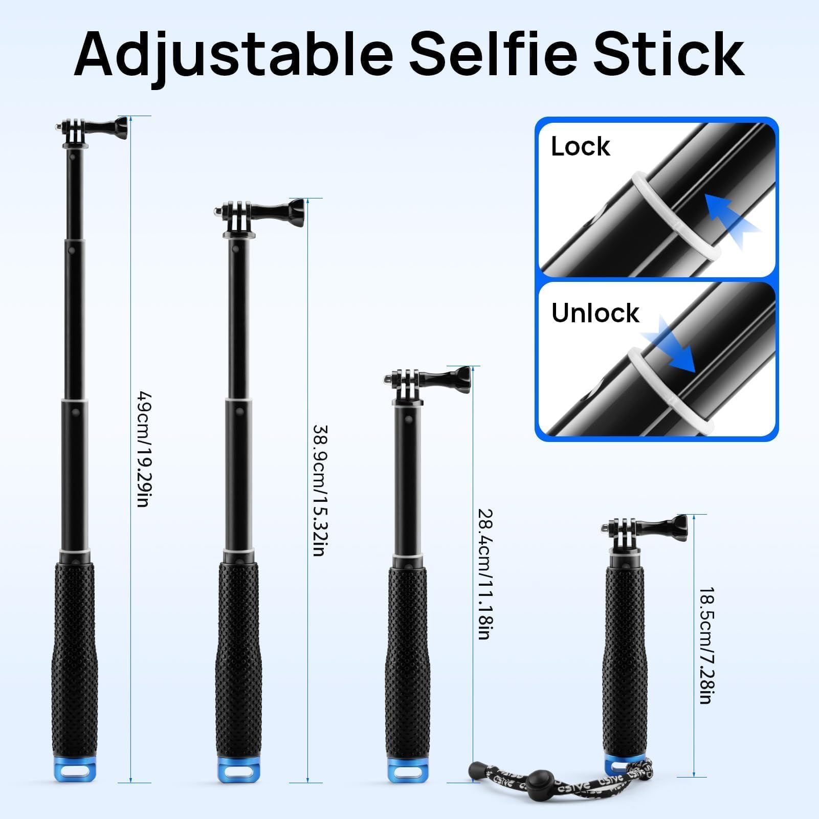 GlasFlength Kijek do selfie dla GoPro Hero 12 11 10 9 8 czarny, teleskopowy kijek do selfie dla Insta360/X3/One DJI Mini 3 Pro i innych kamer sportowych (stop aluminium)