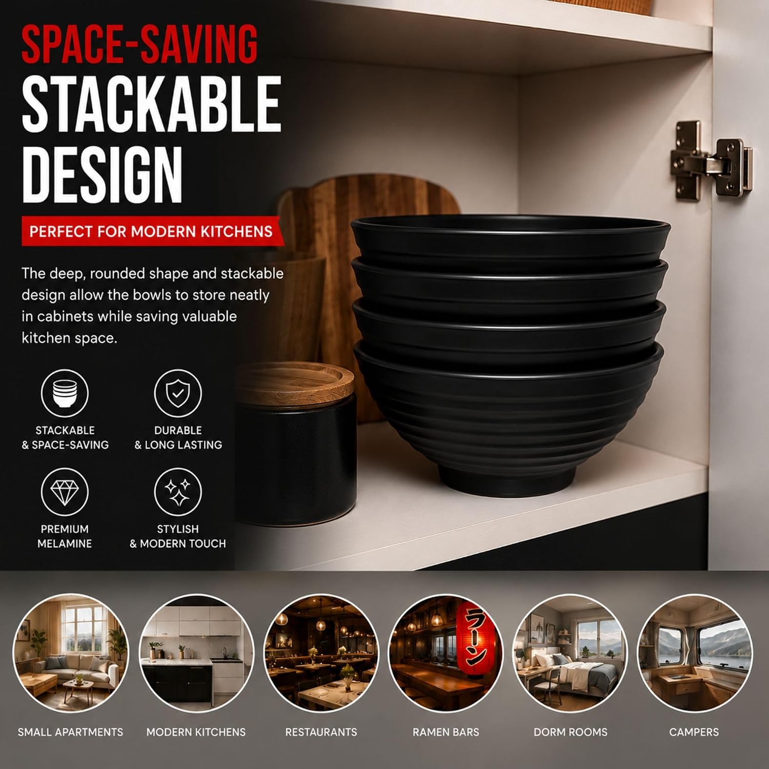 32oz Ramen Bowl Set of 4-20-Piece Black Melamine Japanese Noodle Bowls with Chopsticks, Spoons & Holders - Unbreakable, BPA-Free, Dishwasher-Safe - Perfect for Ramen, Udon, Pho & Asian Soups image 2
