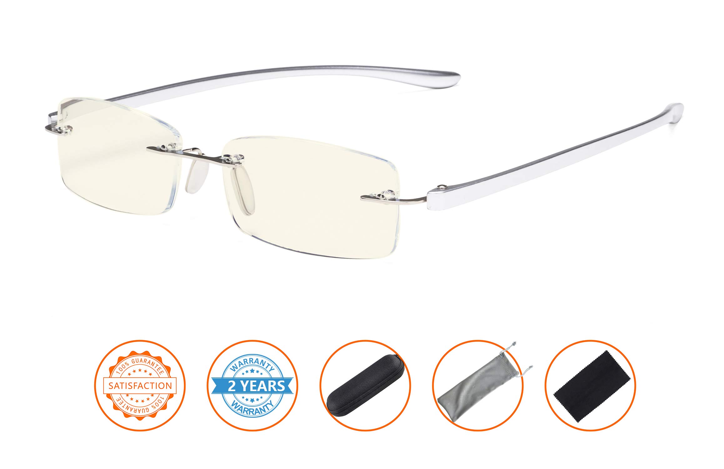 CessBlu Computer Glasses for Men Women Blue Light Filter Anti Glare UV Ray Protection Rimless Reader Eyeglasses (Silver Arm)