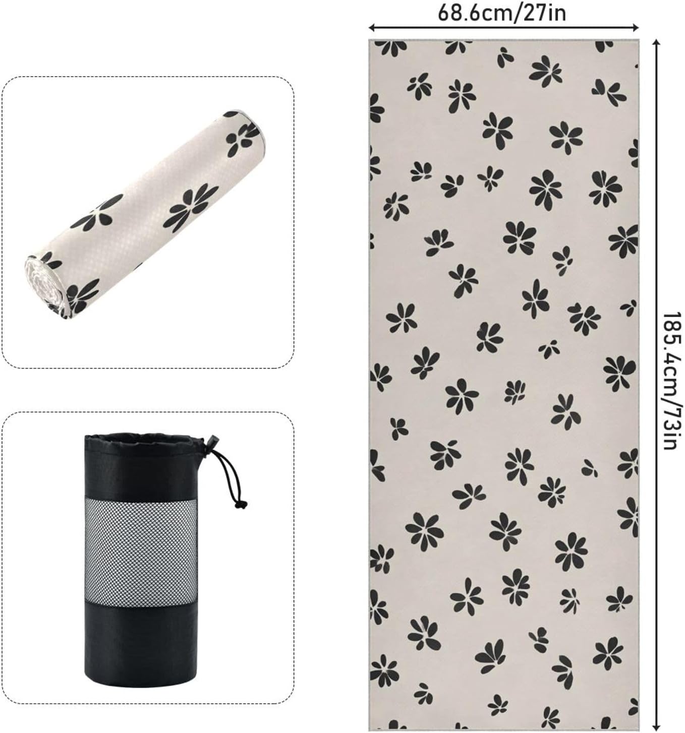 Floral Black White Yoga Mat Towel with Silicone Grip Dot – 73"x27" Non-Slip Sweat Absorbent Microfiber Yoga Towel for Home Gym Studio