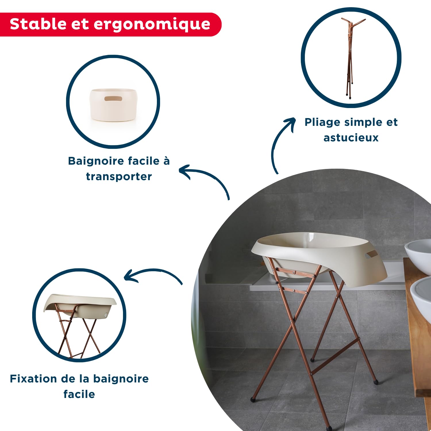 THERMOBABY – Kit de bañera para bebé, bañera de hidromasaje, pie de cobre y manguera de drenaje – plegable y estable – Fabricado en Europa – Beige