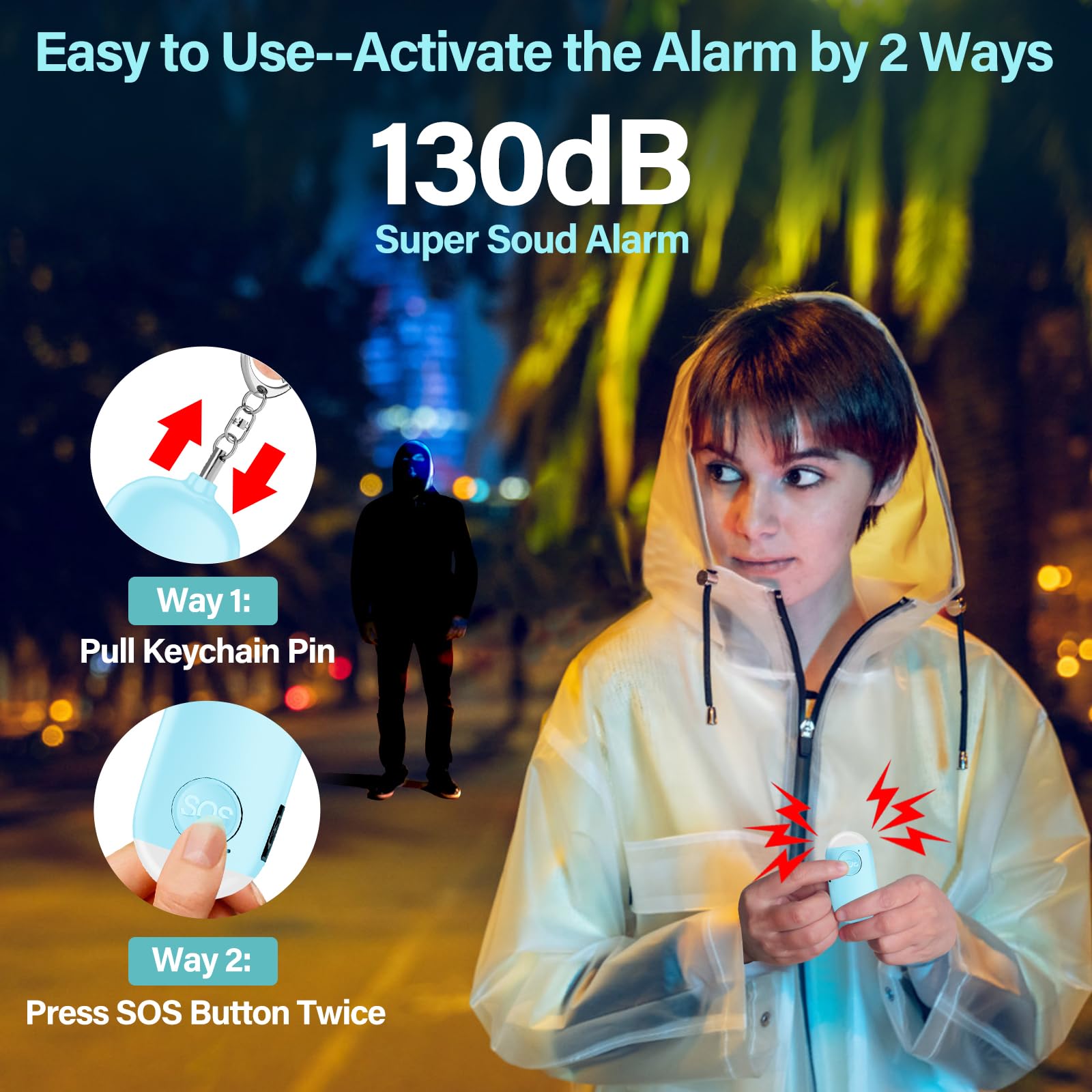 Hion Allarme Personale ricaricabile, 130 dB Forte SuonoAllarme di Sicurezza Personale Allarme Autodifesa per Donne/Bambini/Ragazze/Anziani con Torcia LED(Blu)