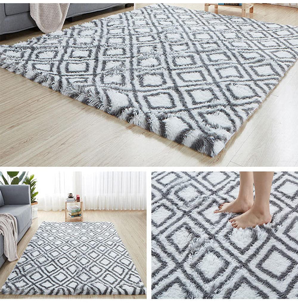 GZQIAWY Large Rugs For Modern Living Room Long Hair Lounge Carpet In The Bedroom Furry Decoration Nordic Fluffy Floor Bedside Mats White gray pattern rhombus 200 X 350 cm