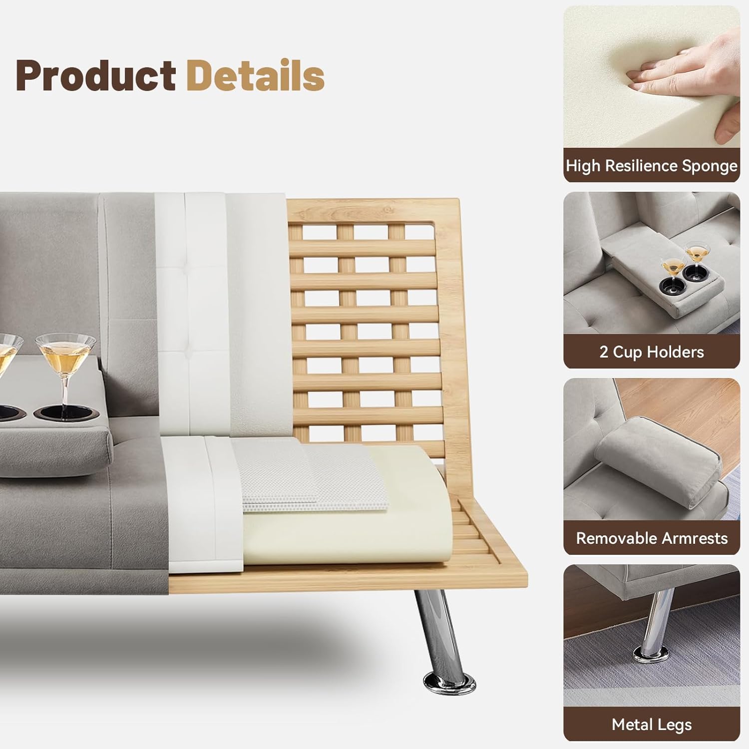 Folding Sofa Bed,Velvet Futon Sofa Couch for Living Room,Convertible Recliner Sleeper Sofa Bed,Adjustable Loveseat w/Removable Armrests,2 Cupholders,Beige