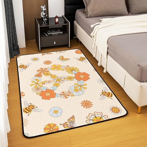Miniatura 4 de jejeloiu Hippie Peace Art Living Room Rugs Retro Hippie Flower Area Rug for Kids Boys Teens Butterfly Bee Peace Sign Artwork 60S 70S Groovy Floral