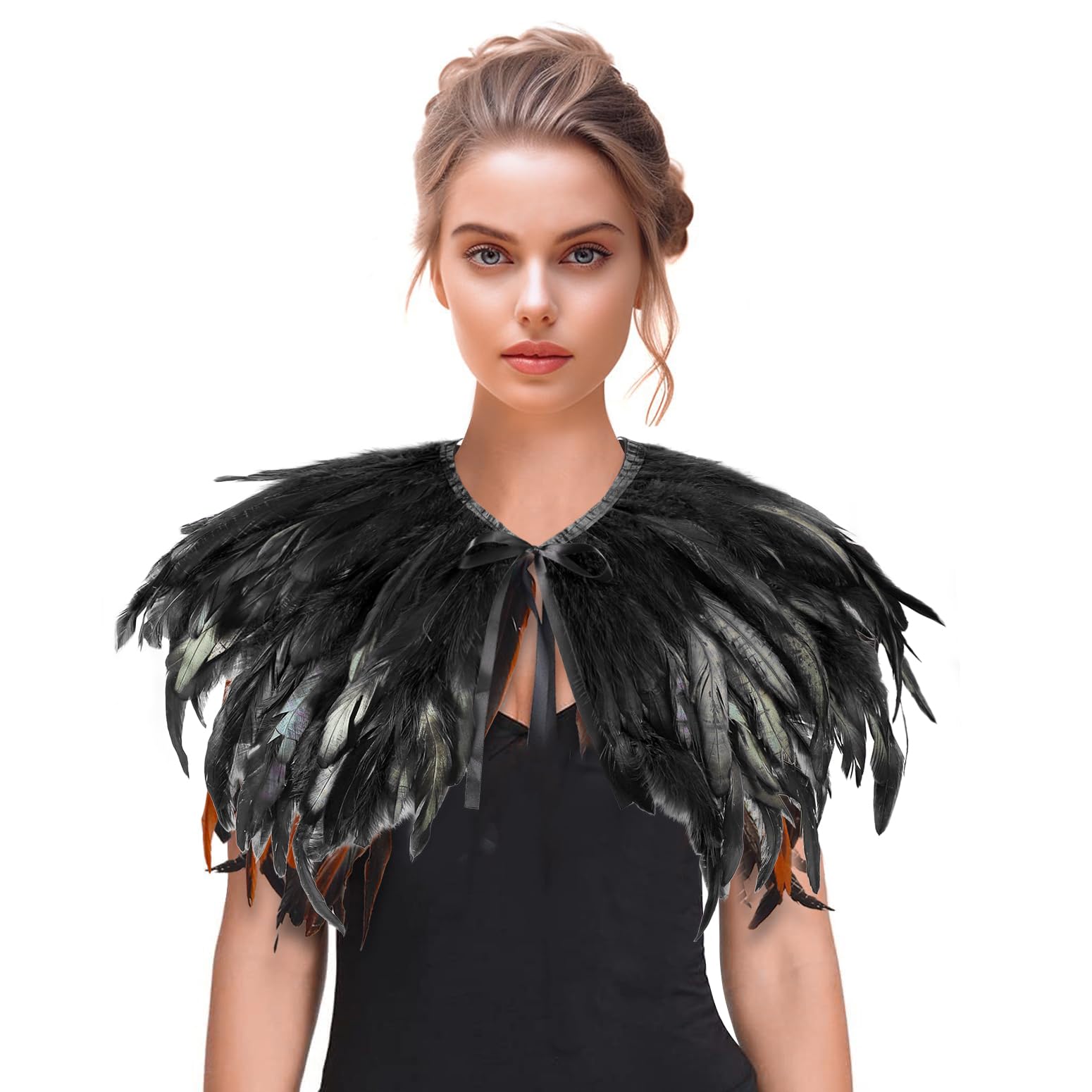 haozaikeji Women Ladies Halloween Feather Shawl Costume Realistic Gothic Shrug Collar Feather Cloak Cap with Shoulder Strap for Halloween Cosplay Carnival Party Accessories Black