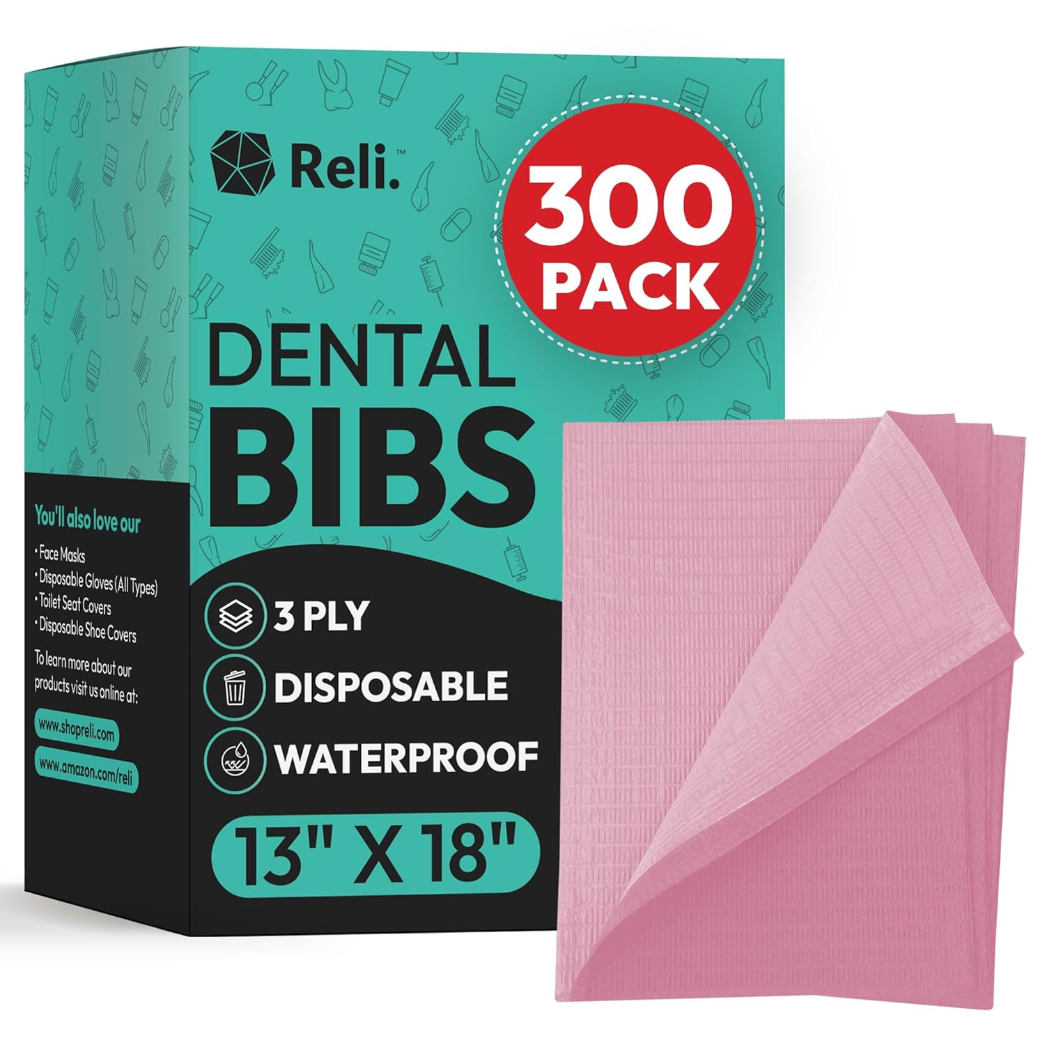 Reli. Pink Dental Bibs (300 Pack) | 13"x18" Dental Bibs Disposable for Patients, Dentists | 3-Ply Waterproof, Disposable Sheets for Medical Tray Cover, Nail Mat, Tattoo Shop