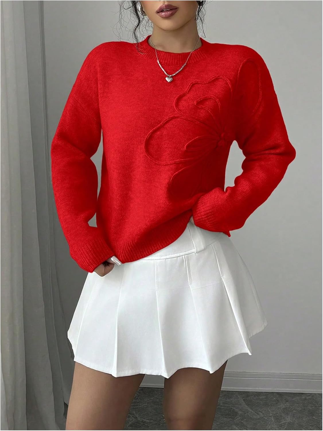 Women's 3D Floral Appliques Crewneck Sweaters Long Sleeve Drop Shoulder Pullovers Elegant Knit Tops - Image 3