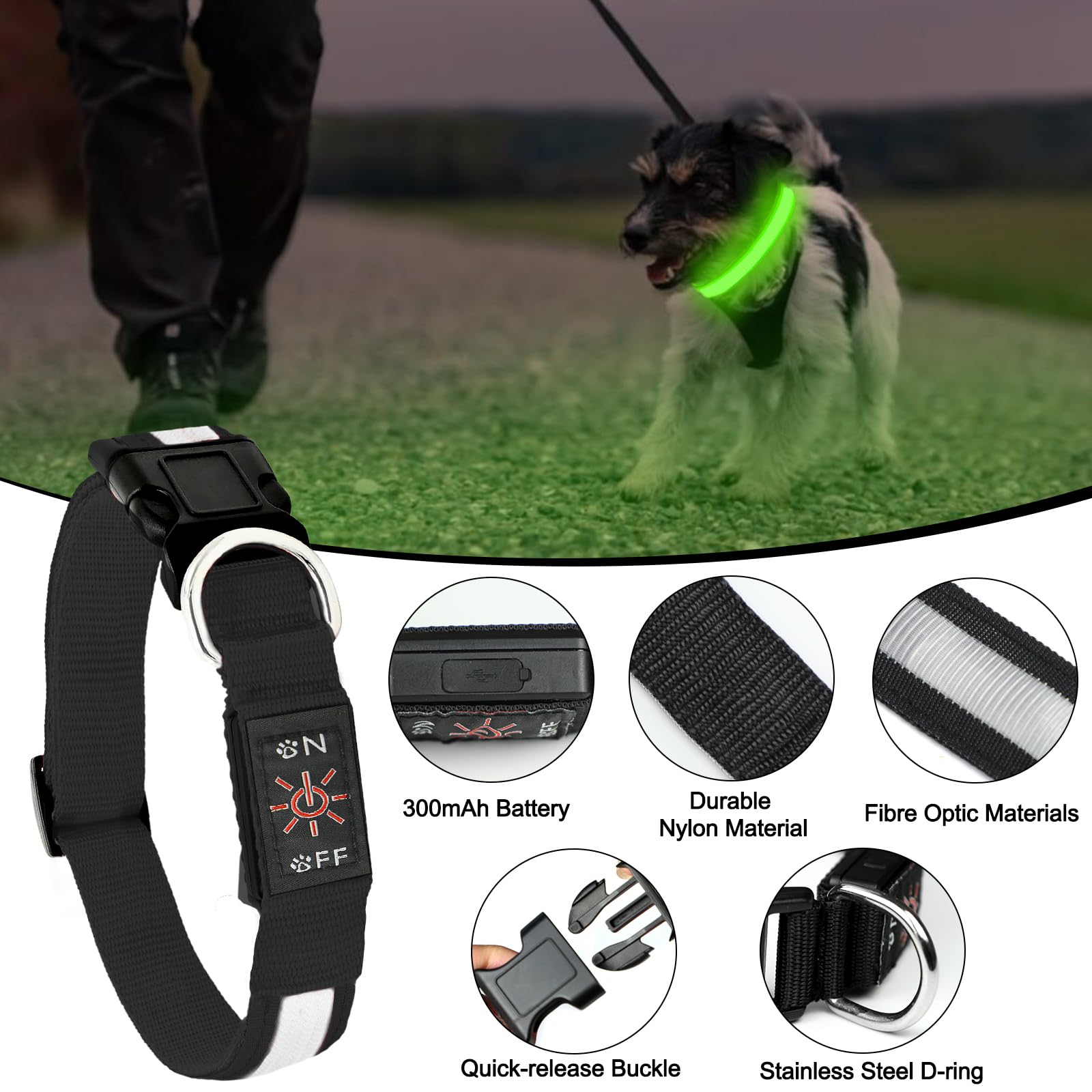 Nepfaivy Collare Luminoso per Cani Ricaricabile - Collare per Cani a Led con Lunghezza Regolabile, 3 Modalità di Illuminazione per la Sicurezza Notturna, Nero