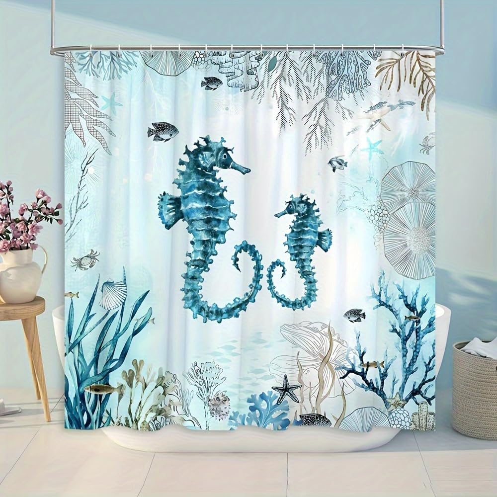 GLKSDLPO 1pc Seahorse Watercolor Beach Ocean Shower Curtain, Ocean Turquoise Blue Coral Seaweed Coast Underwater Theme Shower Curtain(135x200cm/53x79in(WxH))