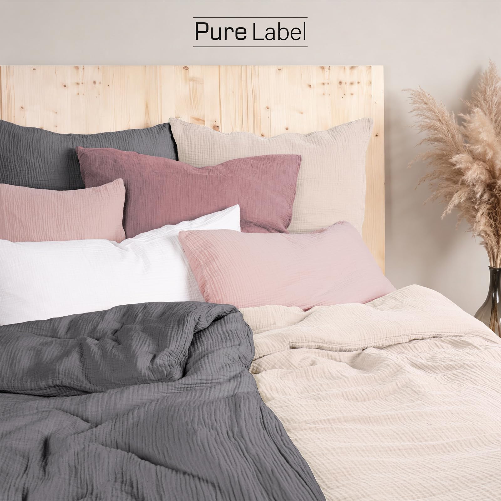 Pure Label Musselin Bettwäsche 135x200 4 teilig bestehend aus Bettbezug 135 x 200 cm 2er Set + Kissenbezug 80x80 cm 2er Set aus Baumwolle - Traumhaft kuschelige Bettwäsche-Sets in beige