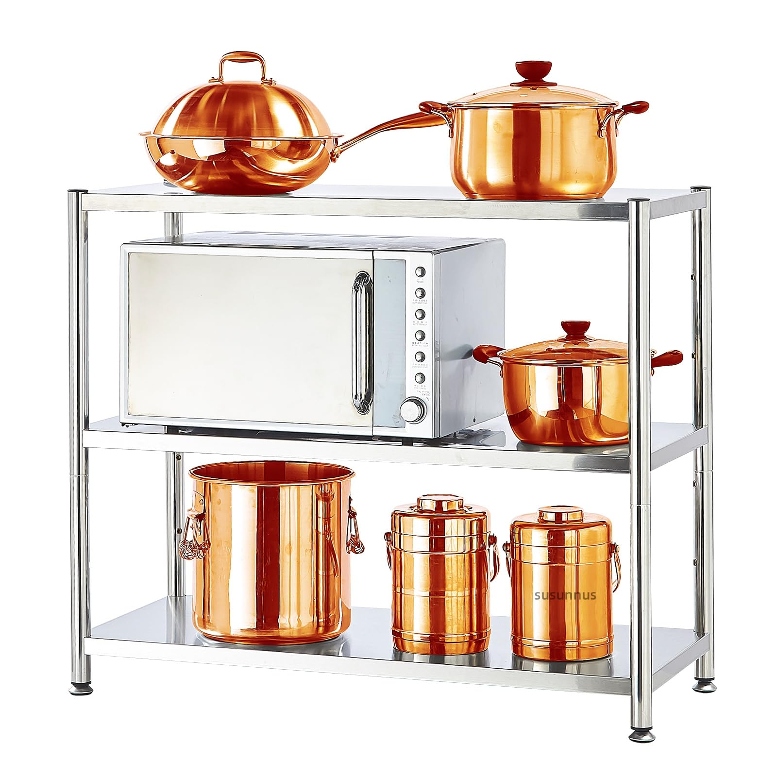 susunnus 3-Tier Stainless Steel Shelf, Heavy Duty Shelving for Kitchen, Garage, Industrial Storage, Kitchen Shelves Adjustable Feet, Easy to Clean(