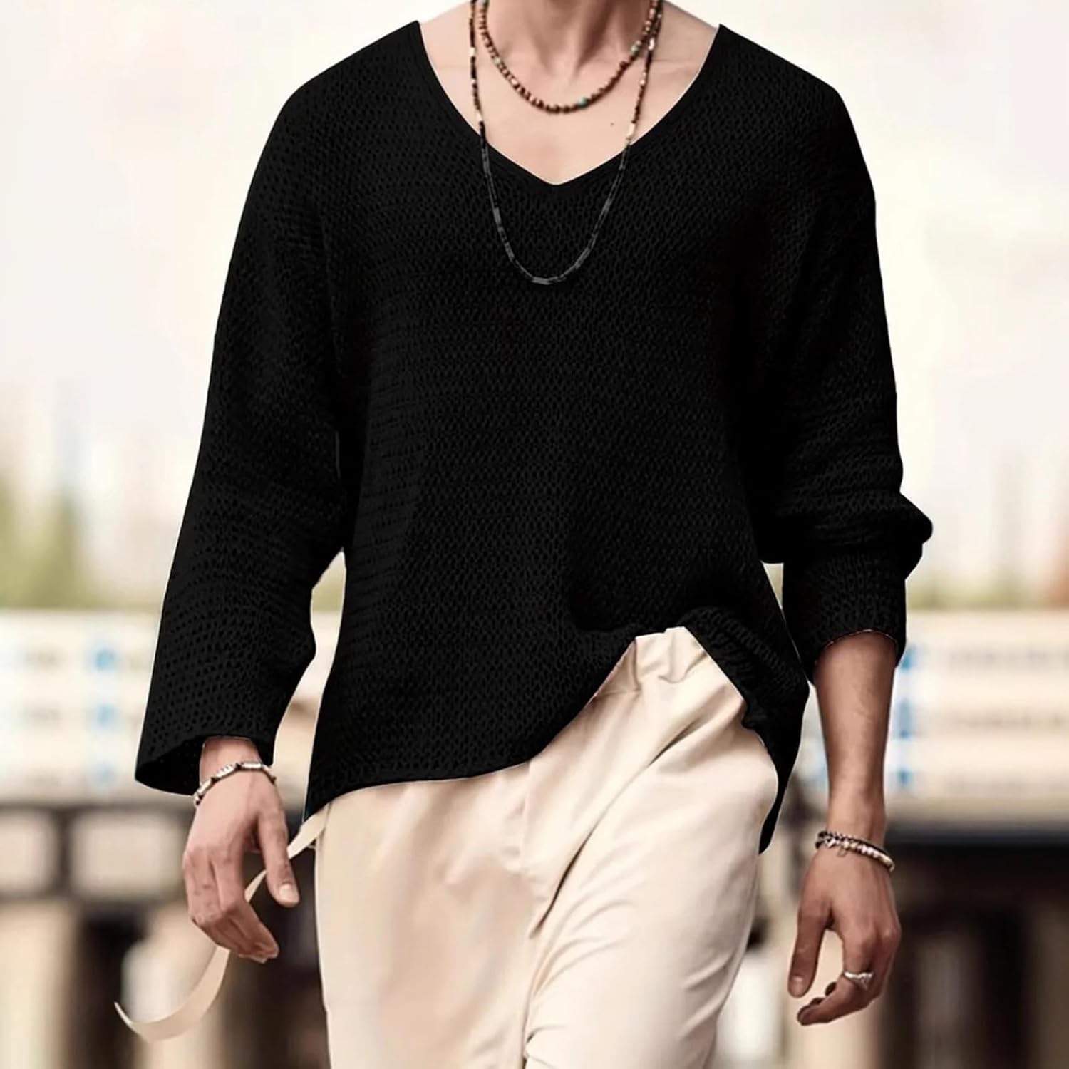 Ymosrh Men's Sweaters Long Sleeve Casual Lightweight V Neck Knit Pullover Sweaters, S-2XL