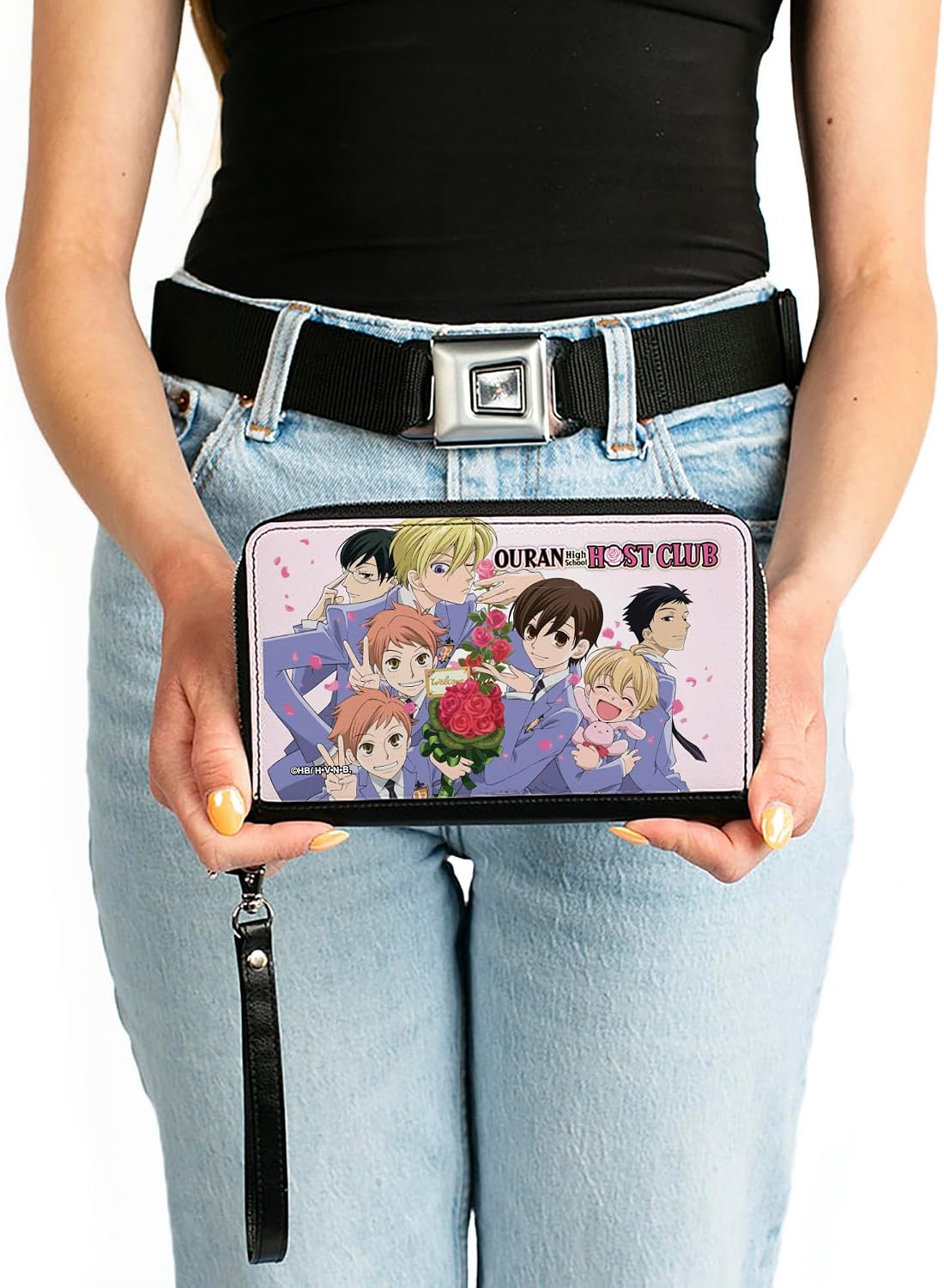 Buckle-Down Ouran High School Host Club Wallet, Zip Around, Ouran Host Club Rose Bouquet Group Pose and Petals White, Vegan Leather
