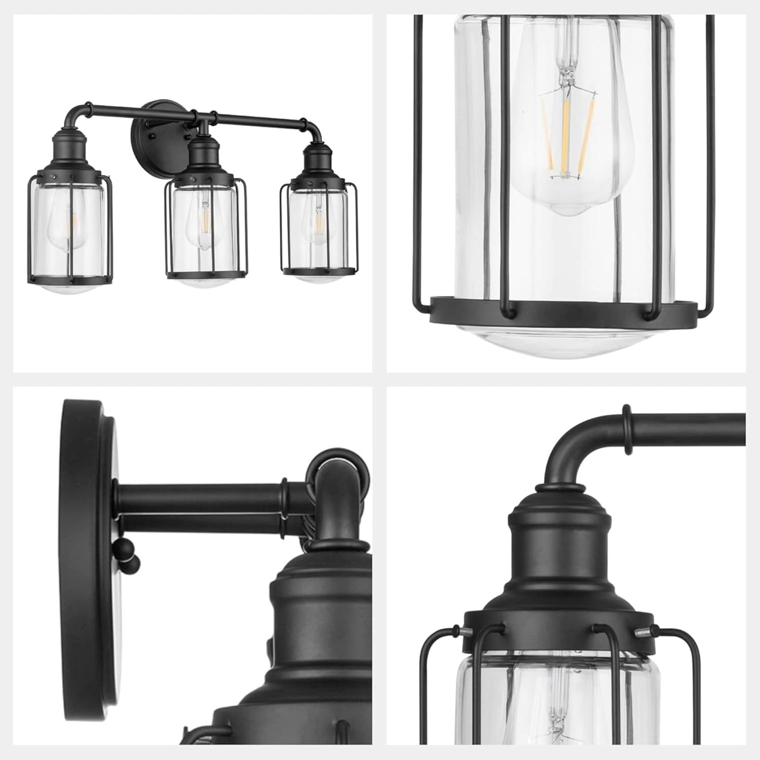 Prominence Home Lincoln Woods 3 Light Matte Black Industrial Bathroom Vanity Light with Cage and Clear Glass - 51545-01