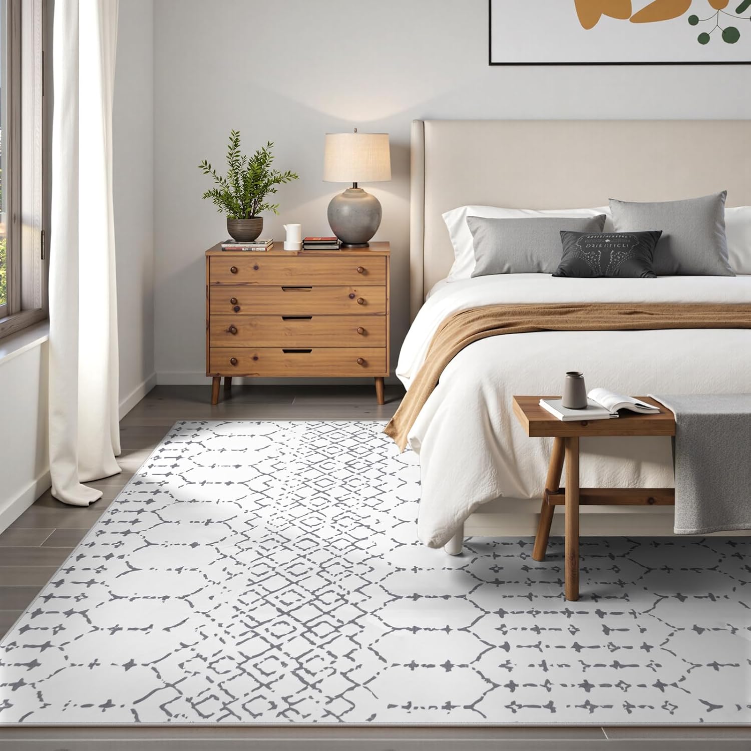 lahome moroccan 9x12 washable area rug - non-slip washable ultra-thin soft large rug for living room, modern geometric print stain resistant carpet for bedroom dining room hana, white 9' x 12' (rectangular) white