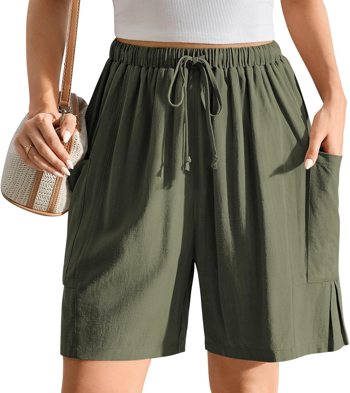 TARSE Women's Linen Bermuda Shorts Flowy Wide Leg Loose Summer Casual