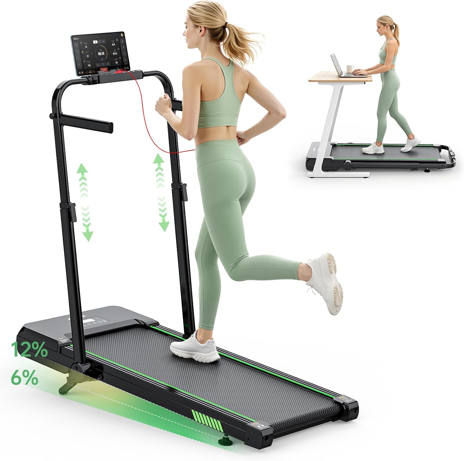 Foldable Treadmill with 12% Auto Incline Adjustable Handlebar Height | Portable Under Desk Walking Pad with Incline, Quiet Foldable Treadmills for Home Hiking with Speaker APP, Remote & LED