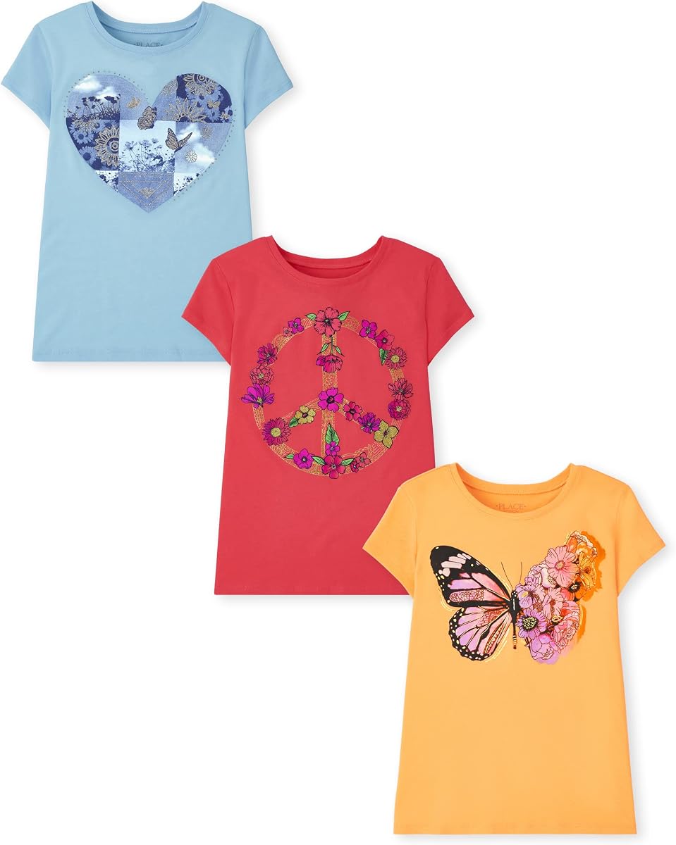 Paquete de 3 camisetas gráficas de manga corta con mariposa y unicornios para niña de The Children's Place
