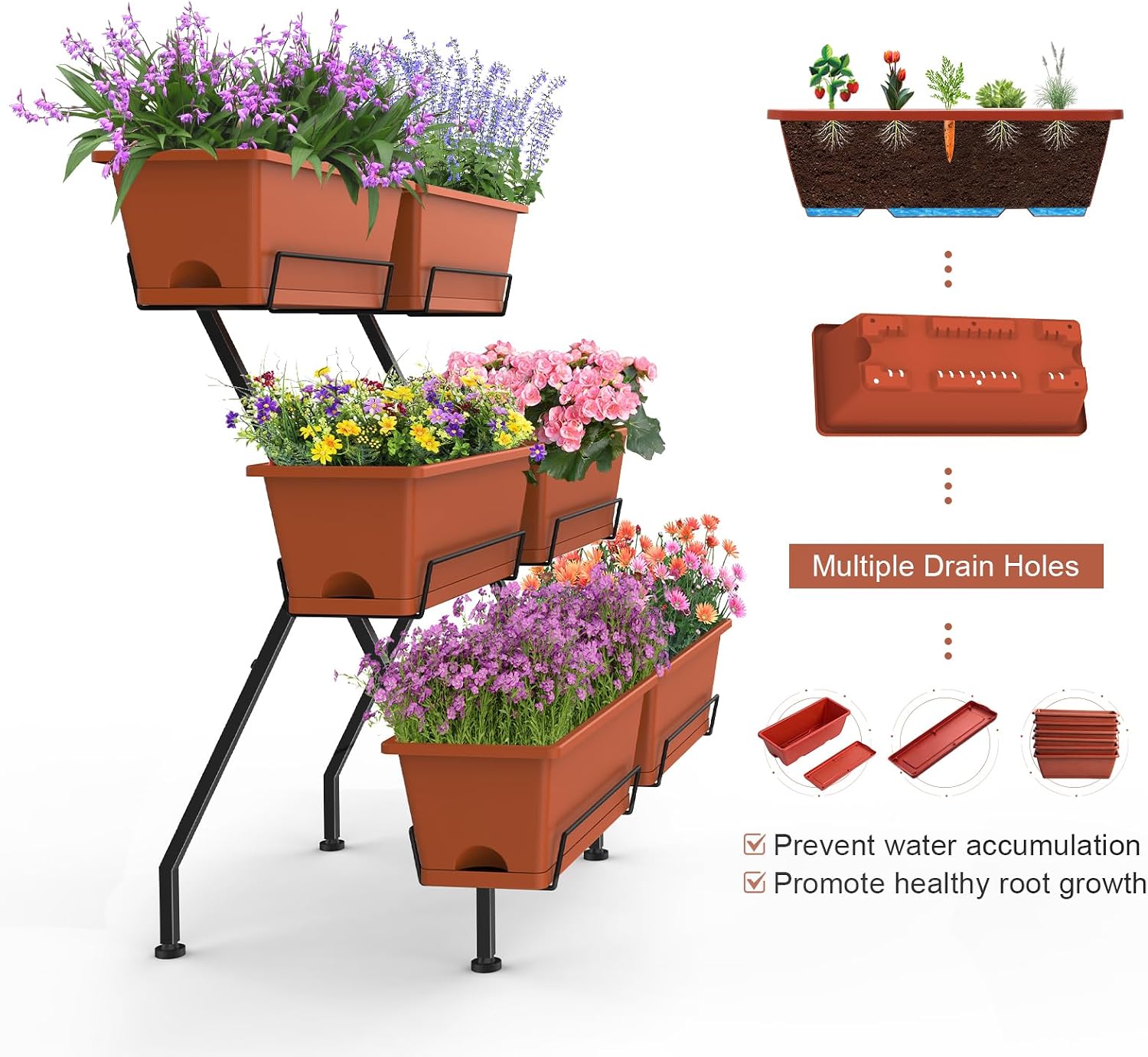 Vertical Garden Planter 3 Tier Vertical Raised Garden Bed Standing Garden Planters with 6 Container Boxes Elevated Garden Planters Indoor Outdoor Herb Planter for Flowers Vegetables Plants, Brick Red