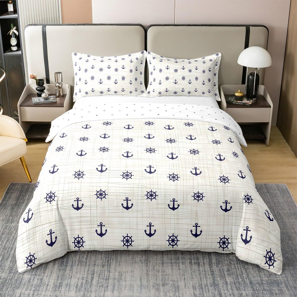 Nautical Anchor 100% Cotton Duvet Cover Twin Size,Coastal Beach Bedding Set 2Pcs for Kids Girls Boys Room Decor,Rustic Sketch Grid Comforter Cover Navy Blue Rudder Quilt Cover,1 Pillowcase