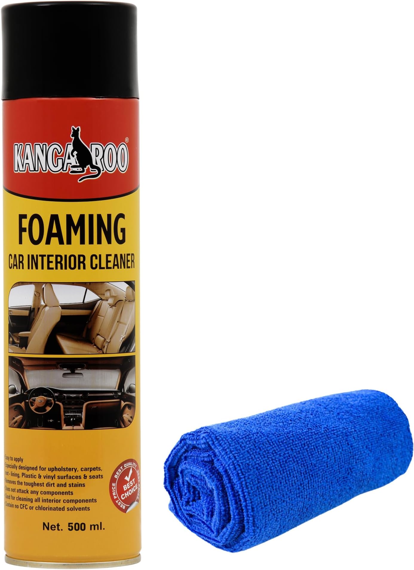 Kangarooยฎ Foaming Car Interior Cleaner 500 ml with Microfiber Towel || Foam Based Hi-Tech Formula || Waterless Foam Spray Use for Leather seat, Sofa, car roof Cleaner