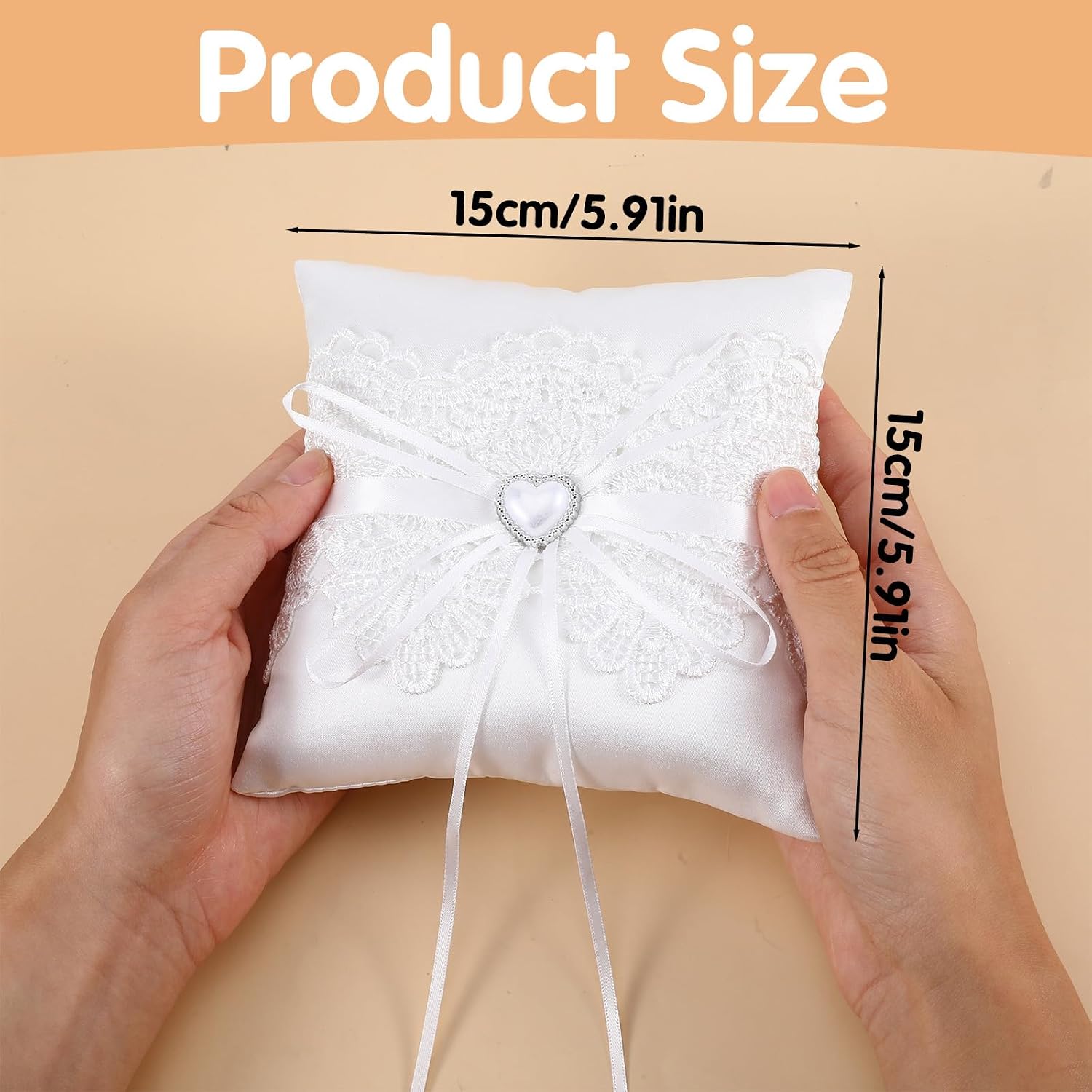 Wedding Ring Pillow,5.91 X 5.91 Inch Ring Barrier Pillow Ivory Satin with Lace & Pearl Bow,Rings Pillows for Rings Bearer,Aisle Walk, Vow Exchange & Keepsake Wedding Rituals