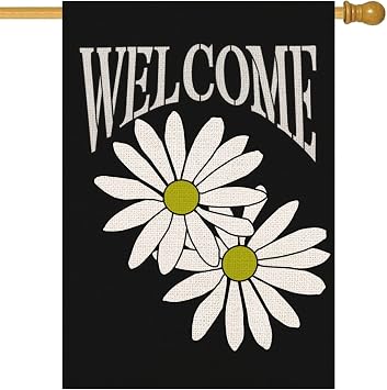 White Daisy Welcome House Flag 28x40 Inch Vertical Double Sided Black Burlap Summer Floral Seasonal Outside Decor for Yard Lawn Farmhouse Large Garden Flag HL14