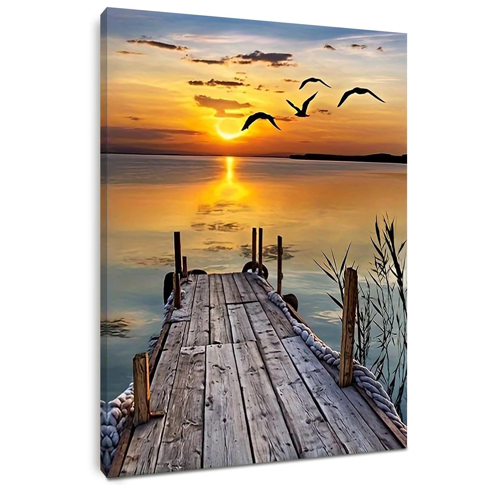 Alptiny Sunset Pier Wall Art Canvas Print 30x40cm Framed Picture with Pine Wood Frame, HD Waterproof Canvas Wall Art for Living Room Bedroom Office, Easy Hang with Hooks & Adhesive Strips