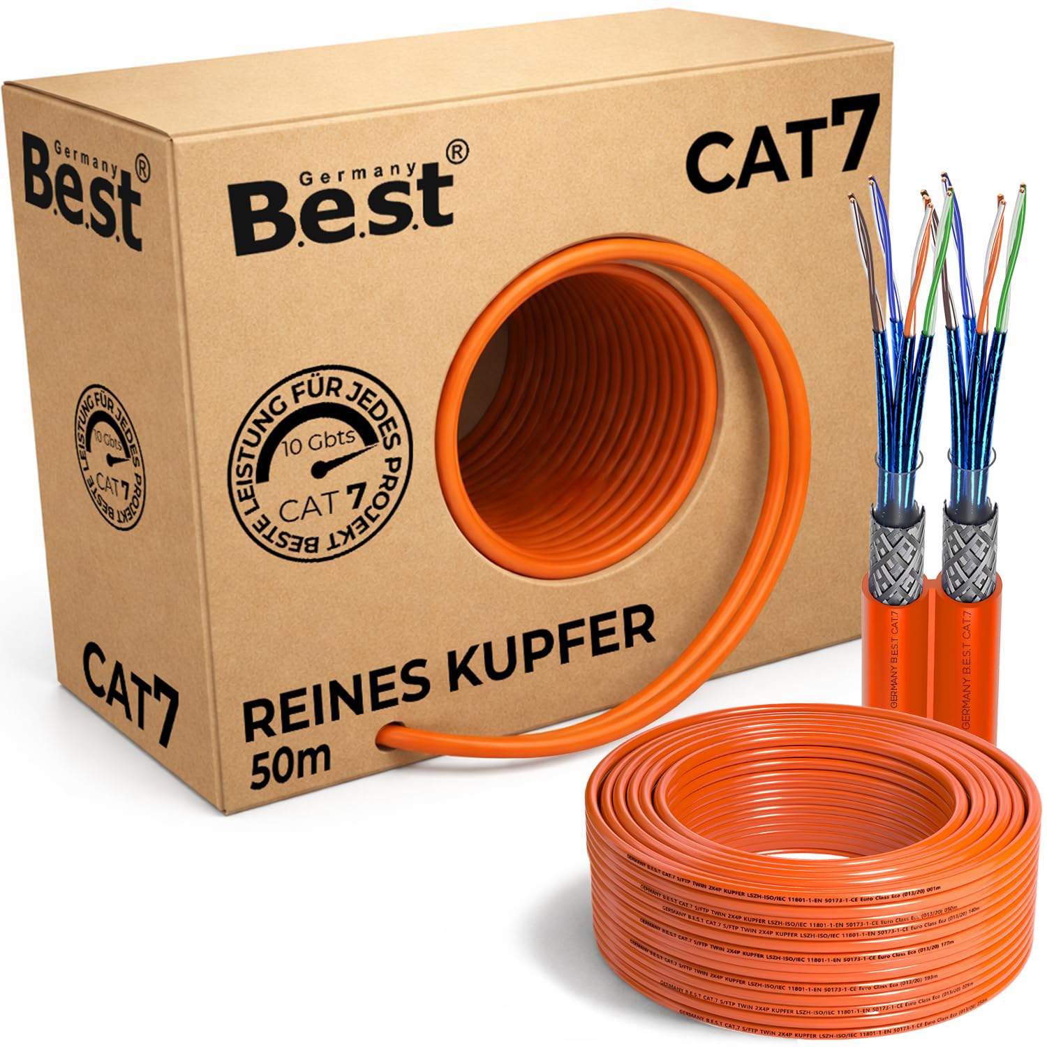 Germany B.e.s.t Cavo di rete duplex CAT 7, 50 m, in rame, LAN, cavo Ethernet, S/FTP, 10 Gbps, catat 7, in puro rame, cavo dati PoE+ LSZH