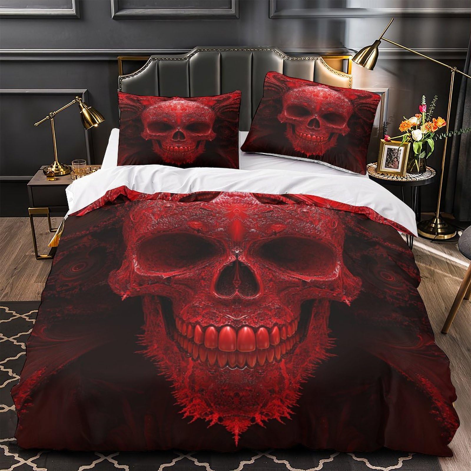 Housse de couette crâne rouge 3D zippée pour éliminer les taches et simplifier le lit double