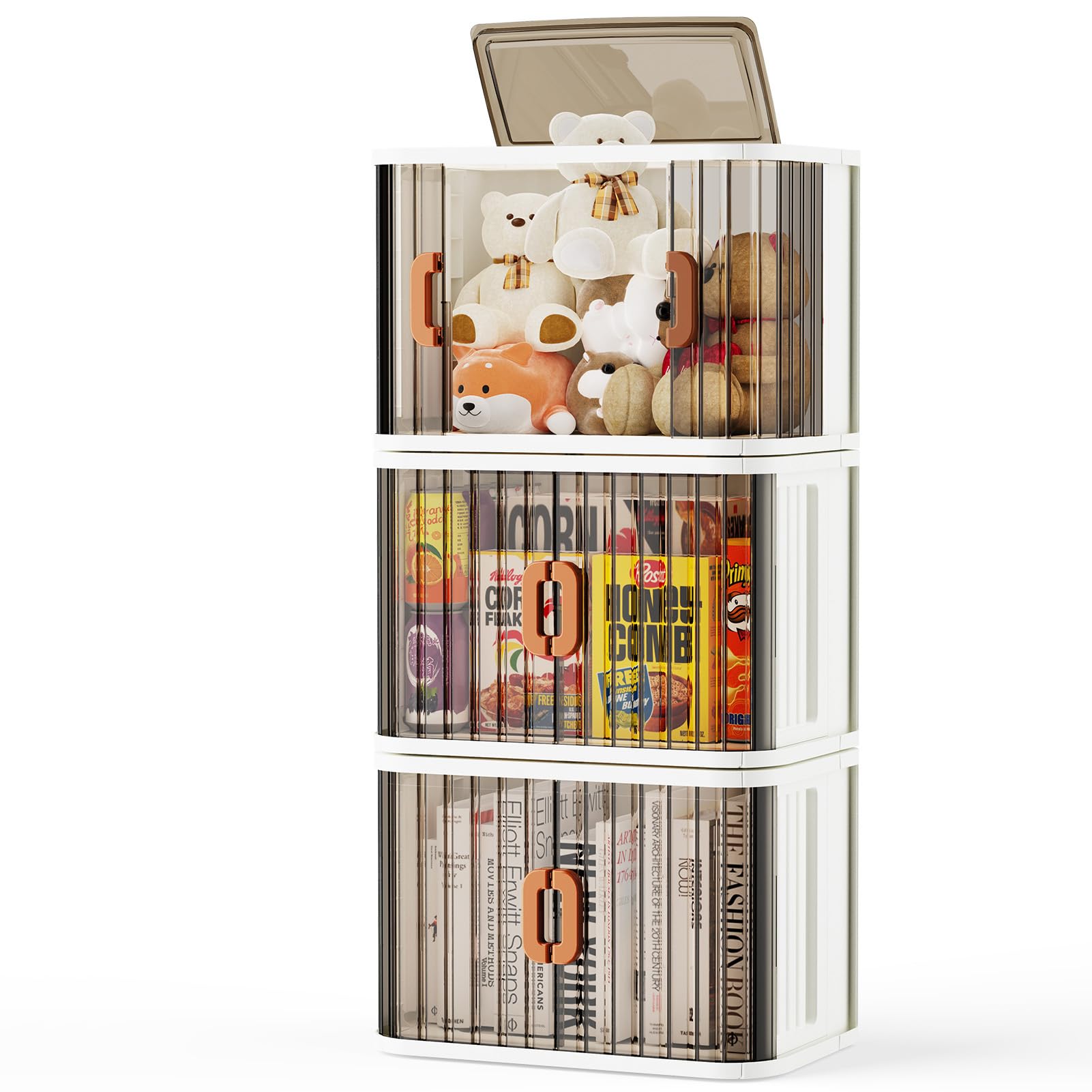 LEHOM Lidded Home Storage Bins - 9.16 Gal Stackable Closet Organizers with Lockable Doors, Plastic Collapsible Storage Container Box on Wheels for Clothing, Book, Bedding and Toy, 3 Pack