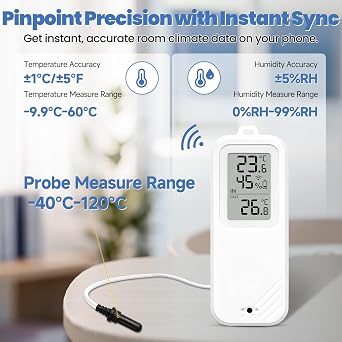 Upgraded WiFi Freezer Temperature Pro with Probe, Wireless Digital Refrigerator Thermometer Humidity with App Email Notification, LCD Display, Free Data Export, for Fridge Kitchen