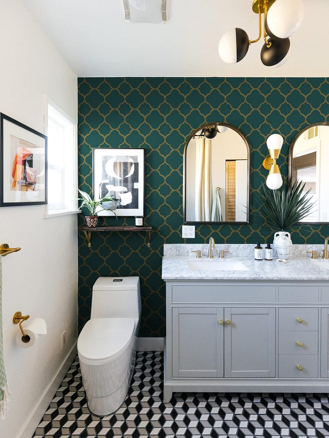 Safiyya 393"x17.7" Peel and Stick Wallpaper Gold Green Contact Paper Self-Adhesive Removable Wallpaper Modern Trellis Gold Peel and Stick Wallpaper for Bedroom Kitchen Vinyl Roll