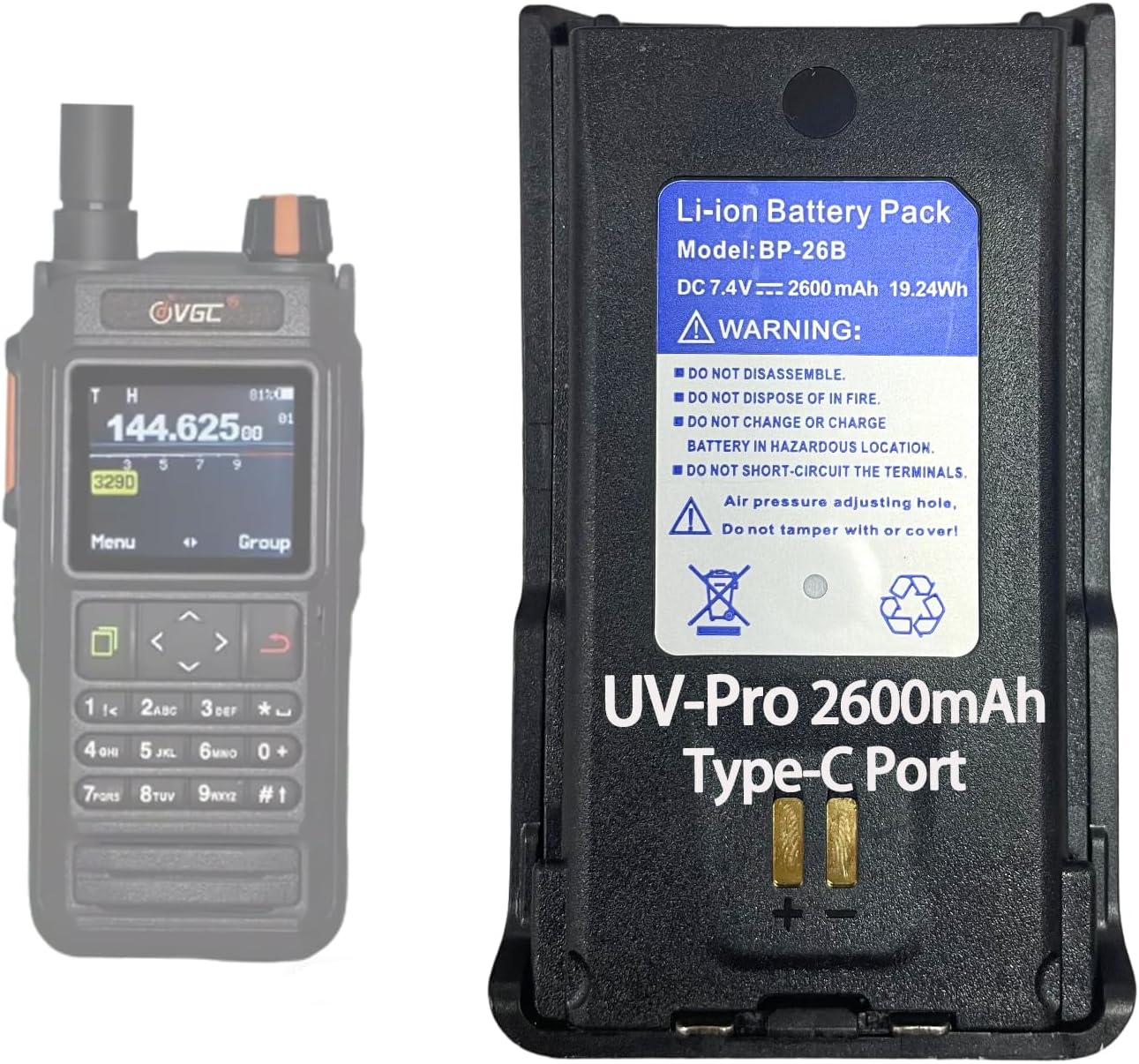 UV-PRO Radio 2600mAh Battery BP-26B 7.4V Type-C Charging High Capacity Rechargable Li-ion Battery Compatible with VR-N76 UV-PRO Walkie Talkie Accessories Black