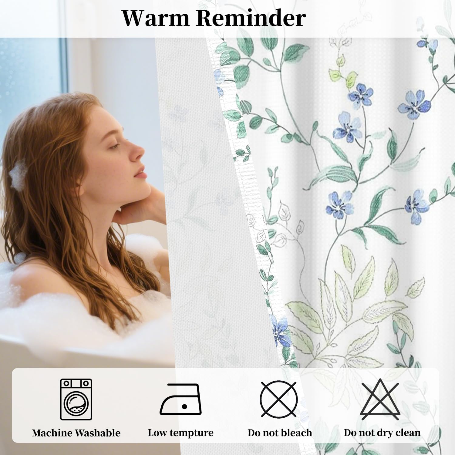 No Hook Floral Shower Curtain with Snap in Liner, Blue Green Botanical Vine Shower Curtain for Farmhouse Bathroom, Cottagecore Bath Curtain with Mesh Top Window, Waterproof Fabric, 71x74 Inch