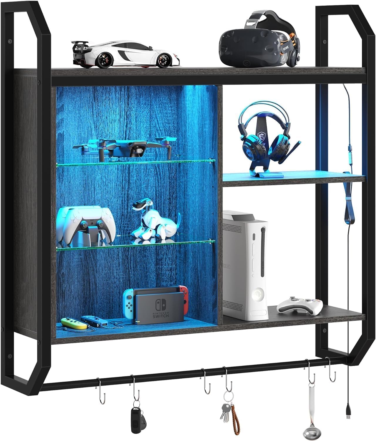 Bestier Gaming schwebende Regale, 84cm LED Wandregal mit verstellbarem Glasboden, Rohrregale hängende Display Regal Bücherregal mit 6 S-Haken, Gaming Zimmer Dekoration Wein Kaffee Bar, Schwarz