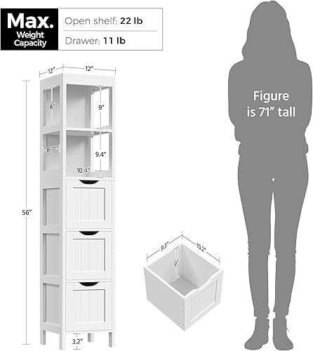 Miniatura 3 de Yaheetech Armario alto para baño, gabinete de almacenamiento delgado, gabinete de piso estrecho independiente con 3 cajones y 2 estantes, torre de